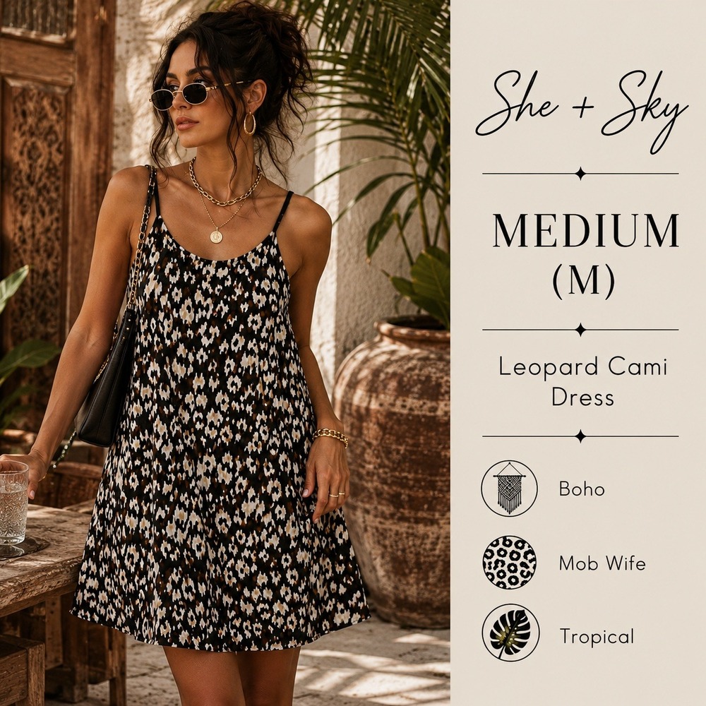 She + Sky Leopard Cami Dress Women M Black Animal Print Shift Mini Boho 125827